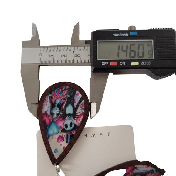 Gothic Teardrop Wood Earrings Jack & Sally Style 3.25" Dangle Pierced Halloween - Picture 3 of 9